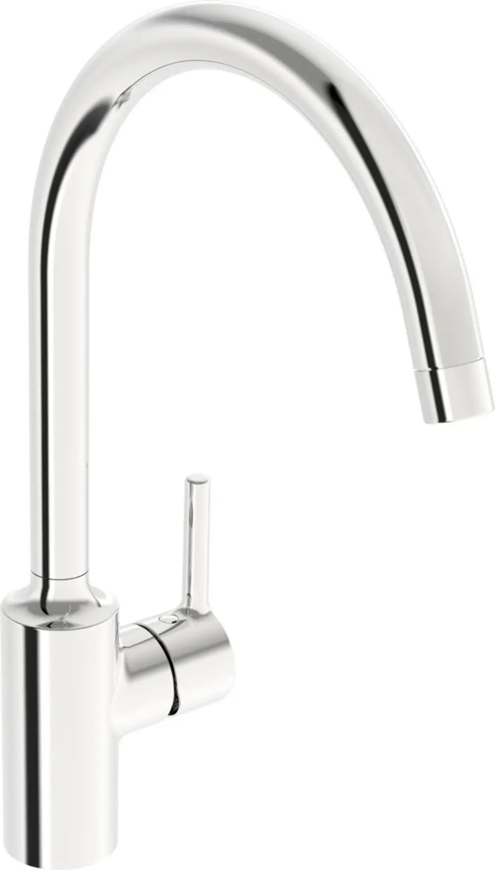 Küchenarmatur in Chrom von HANSA mit hohem, geschwungenem Auslauf und seitlichem Bedienhebel. Verwendbar für gängige Küchenspülen.